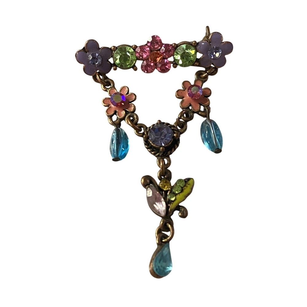 Vintage Pin Brooch Coppertone 2.5" Rhinestone Enamel Multicolor Flower Fairy